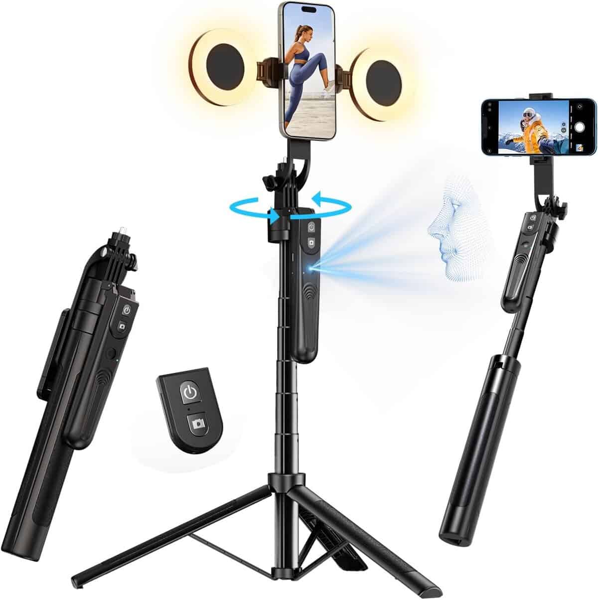 yAyusi 70.9-inch auto face‑tracking selfie stick tripod for iPhone with built‑in light, 360‑degree rotation, no‑app AI tracking, and remote control for hands‑free vlogging, live streaming, and video recording