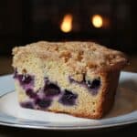 Moist blueberry crumb cake with streusel topping, served in a cozy winter setting