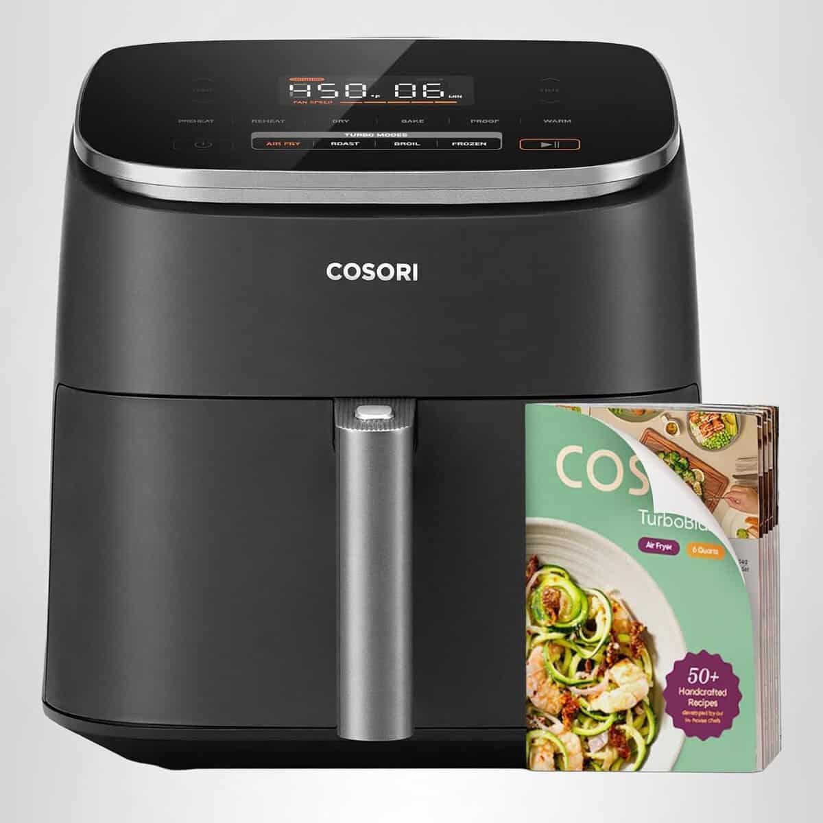 Cosori 9‑in‑1 TurboBlaze 6‑quart air fryer in dark gray with premium ceramic coating, 90°–450°F precise heating, and multifunction settings for air fry, roast, bake, broil, dry, frozen, proof, reheat, and keep warm.