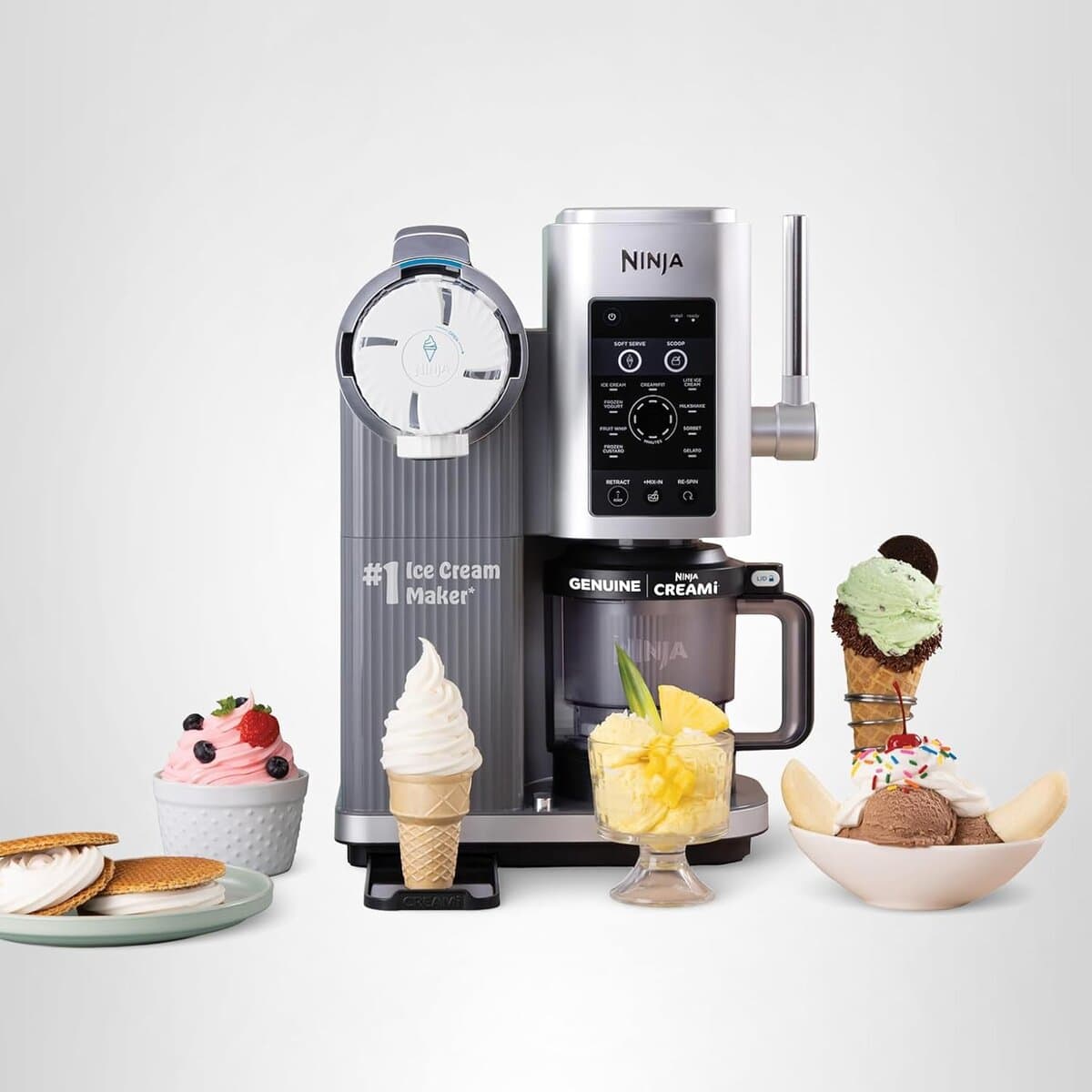 Ninja CREAMi Scoop & Swirl 13‑in‑1 ice cream and soft serve maker with soft‑serve handle, low‑calorie program, and two 16oz CREAMi 2‑in‑1 pints, model NC701, for making sorbet, milkshakes, frozen yogurt, and more.