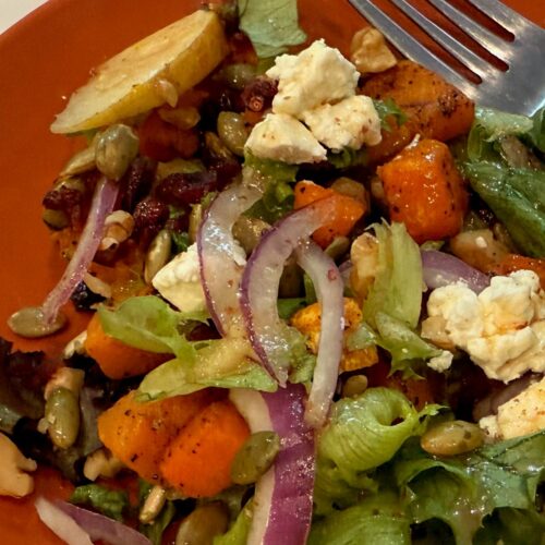 Fall harvest salad on an orange plate with roasted squash, apples, greens, onions, goat cheese, nuts, and cranberries.