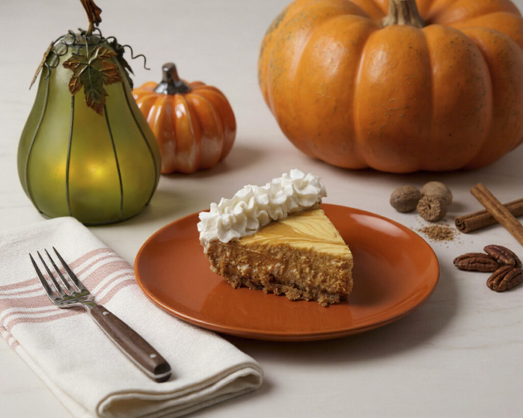 Slice of pumpkin pie cheesecake on a plate with fall decorations