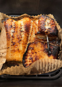 Honey Miso Black Cod just out of the air fryer perfectly caramelized.