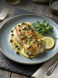 Chilean sea bass fillet topped with capers and fresh herbs, served over lemon slices with a glossy butter sauce.