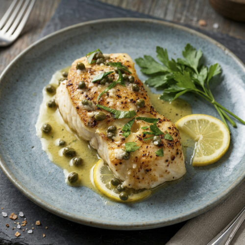 Chilean sea bass fillet topped with capers and fresh herbs, served over lemon slices with a glossy butter sauce.