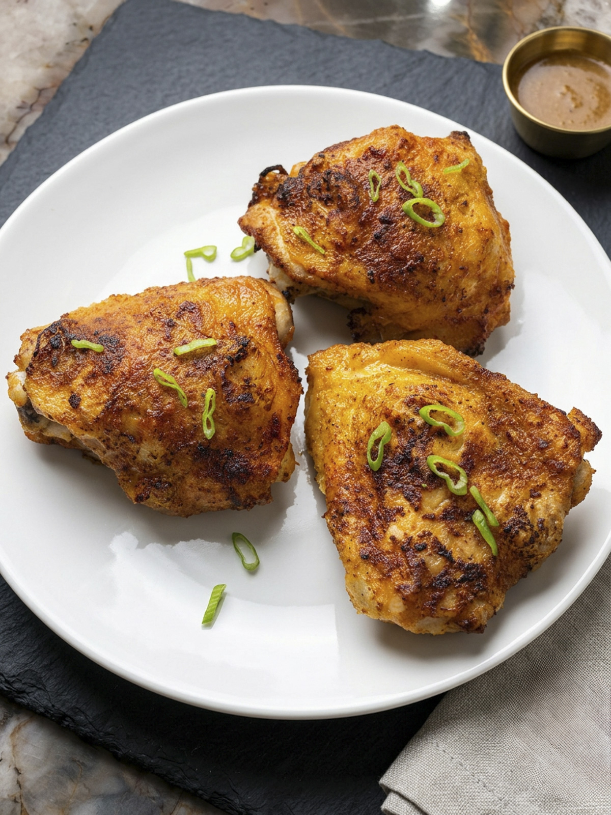 Golden, crispy oven‑fried chicken pieces topped with green onion on a plate, styled as a hero image.