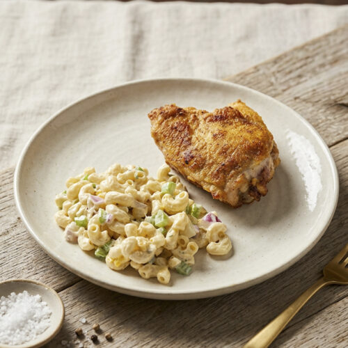 Oven‑fried chicken with a golden crispy crust served on a white plate beside creamy macaroni salad with peppers and red onion.