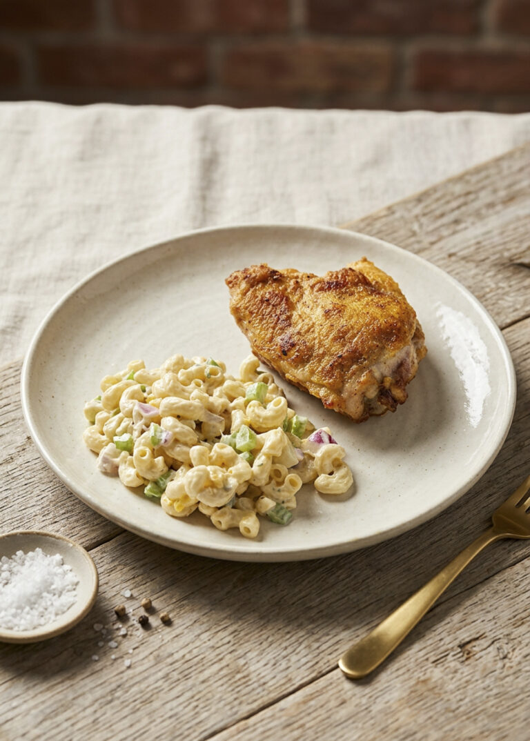 Oven‑fried chicken with a golden crispy crust served on a white plate beside creamy macaroni salad with peppers and red onion.