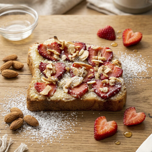 Slice of strawberry almond croissant toast topped with fresh strawberries and sliced almonds.
