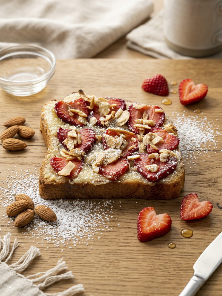 Slice of strawberry almond croissant toast topped with fresh strawberries and sliced almonds.