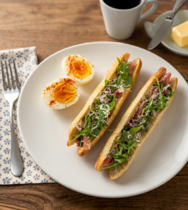 Mini baguette sandwiches with prosciutto, arugula, and shaved Parmesan on a plate, served alongside a hard‑boiled egg cut in half.